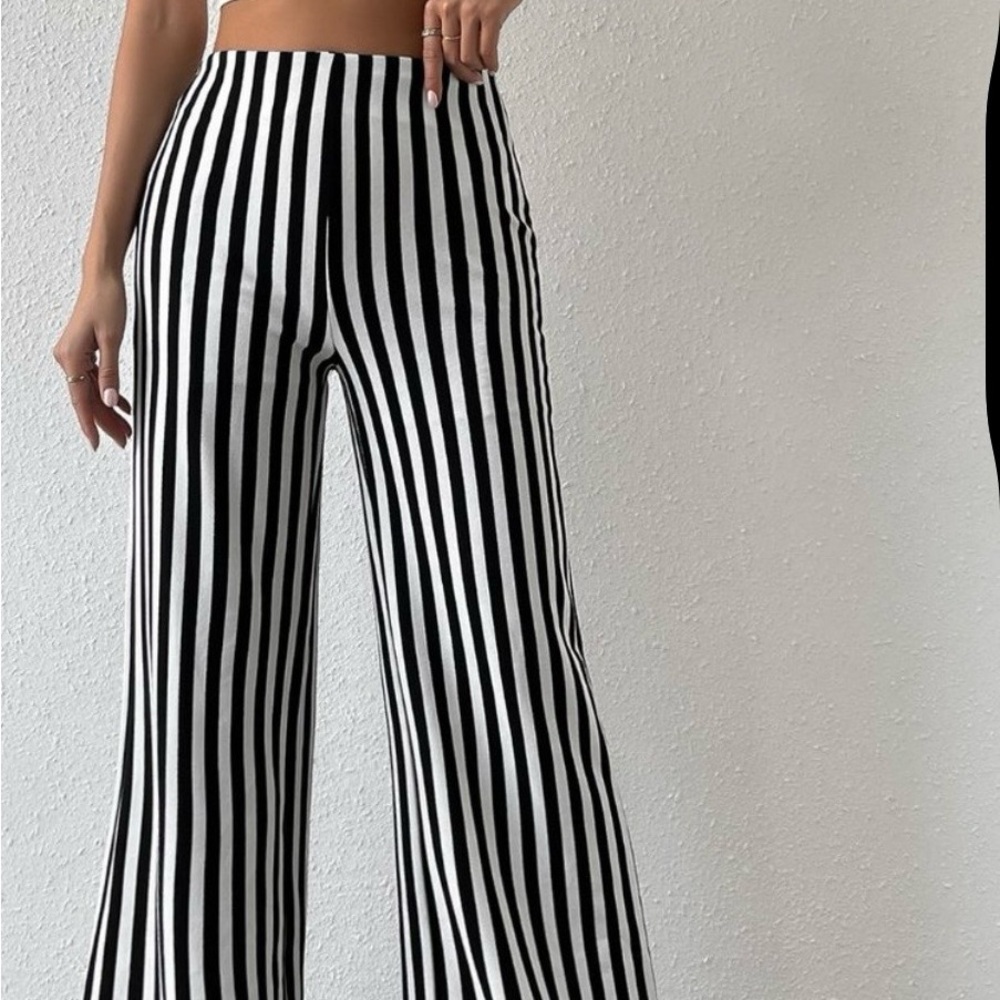 Black and White Casual Womens High Waist Vertical Striped Flare Leg Pants